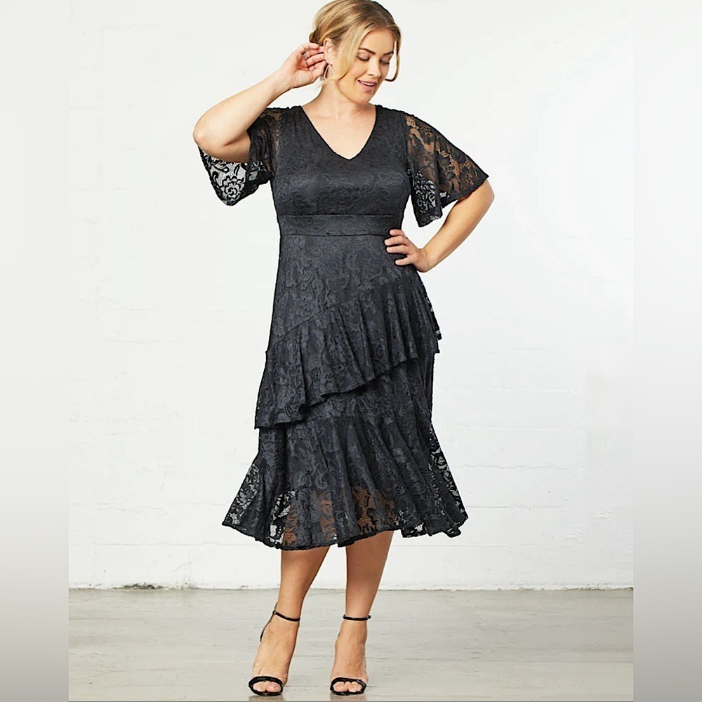 Black Lace Ruffle Midi Cocktail Party Dress by Kiyonna Whimsigoth Dark Fairy XL